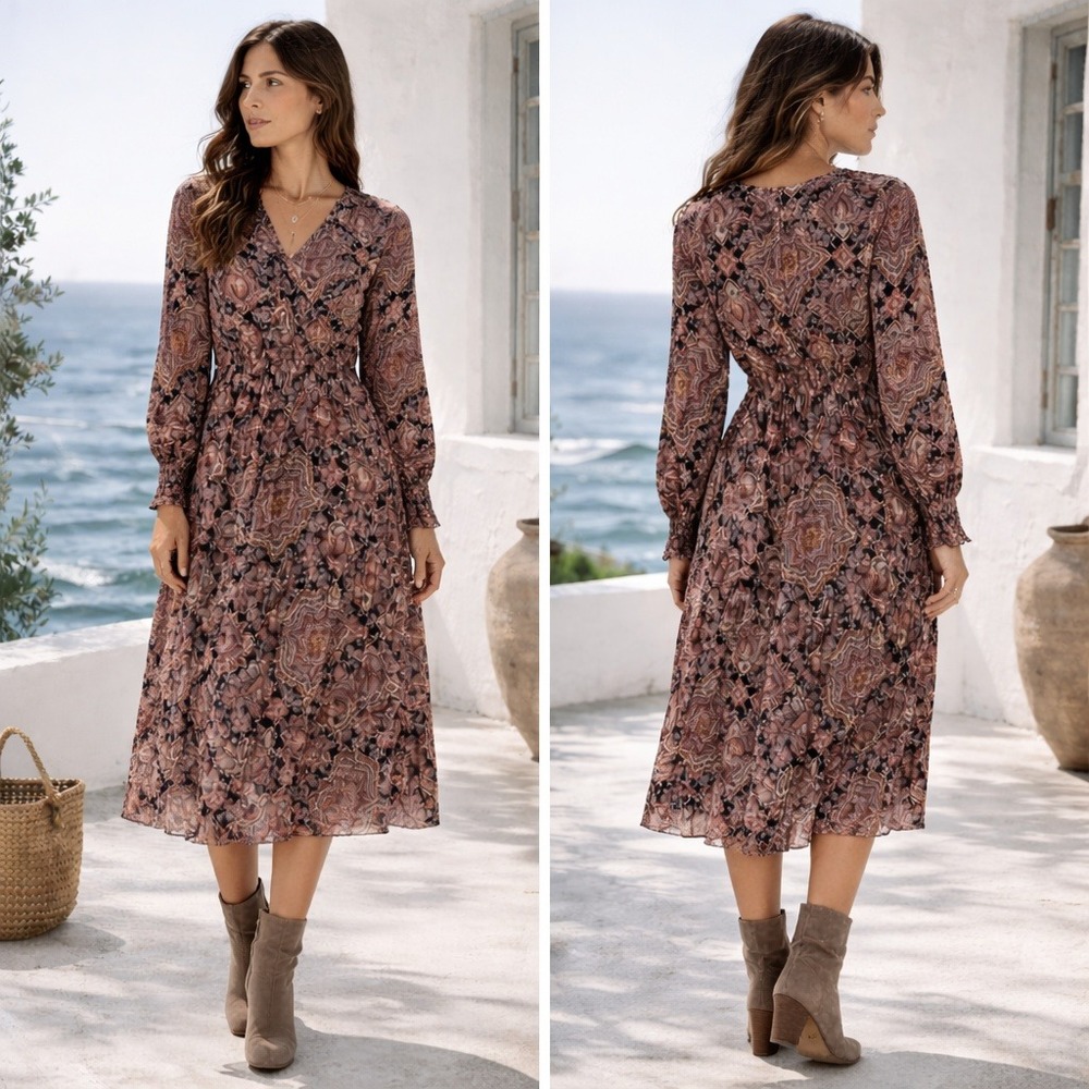 Just Taylor Midi‎ Dress 16 Paisley Print Smocked Waist Long Sleeve Boho Peasant